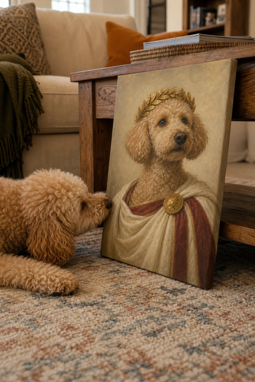 A candid photo of a real Poodle sniffing a gallery-wrapped canvas print of itself painted as a noble Roman patrician in a cozy living room.