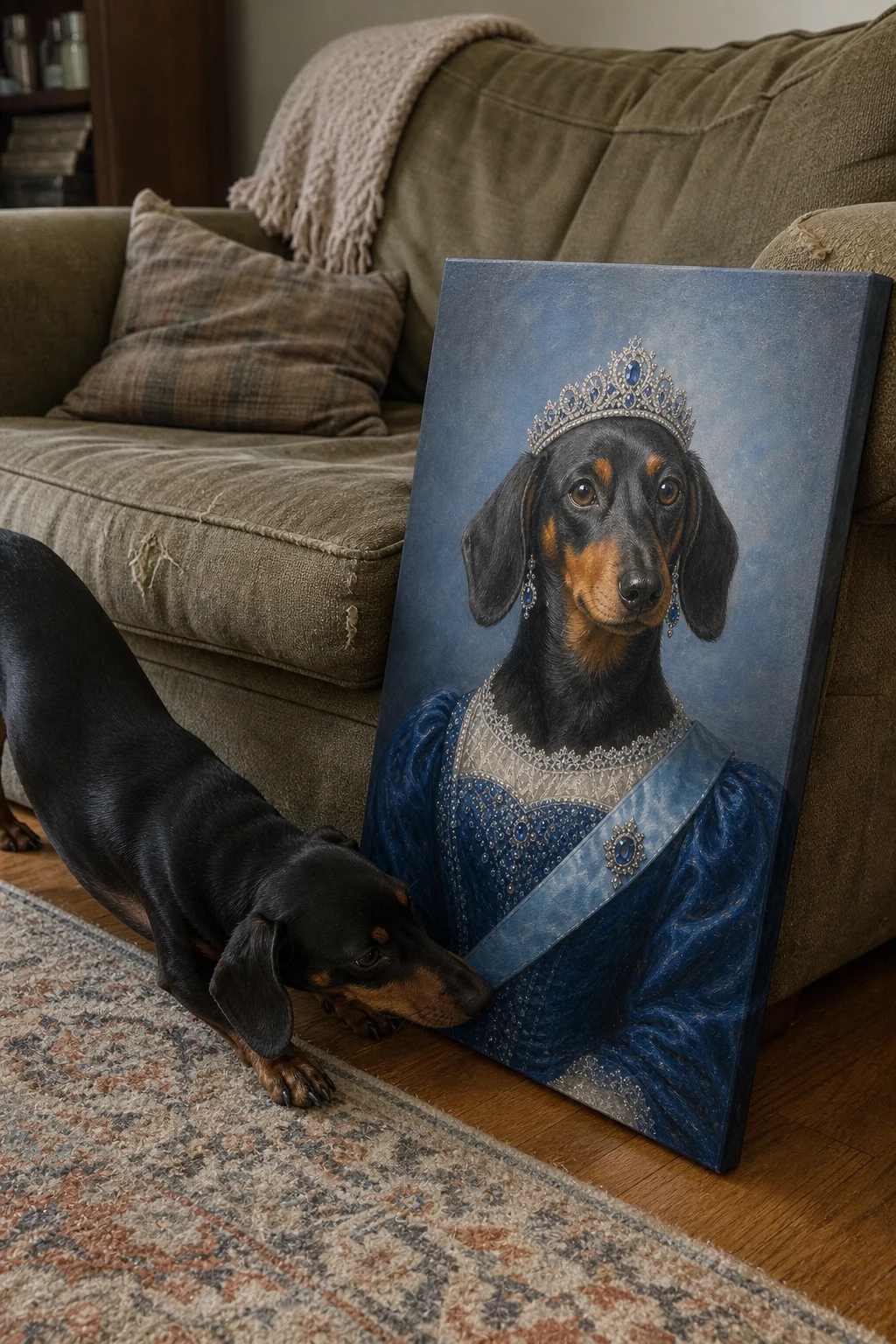 Candid photo of a real Dachshund sniffing a canvas print leaning on a sofa, featuring the same dog painted as a royal queen in a blue gown.