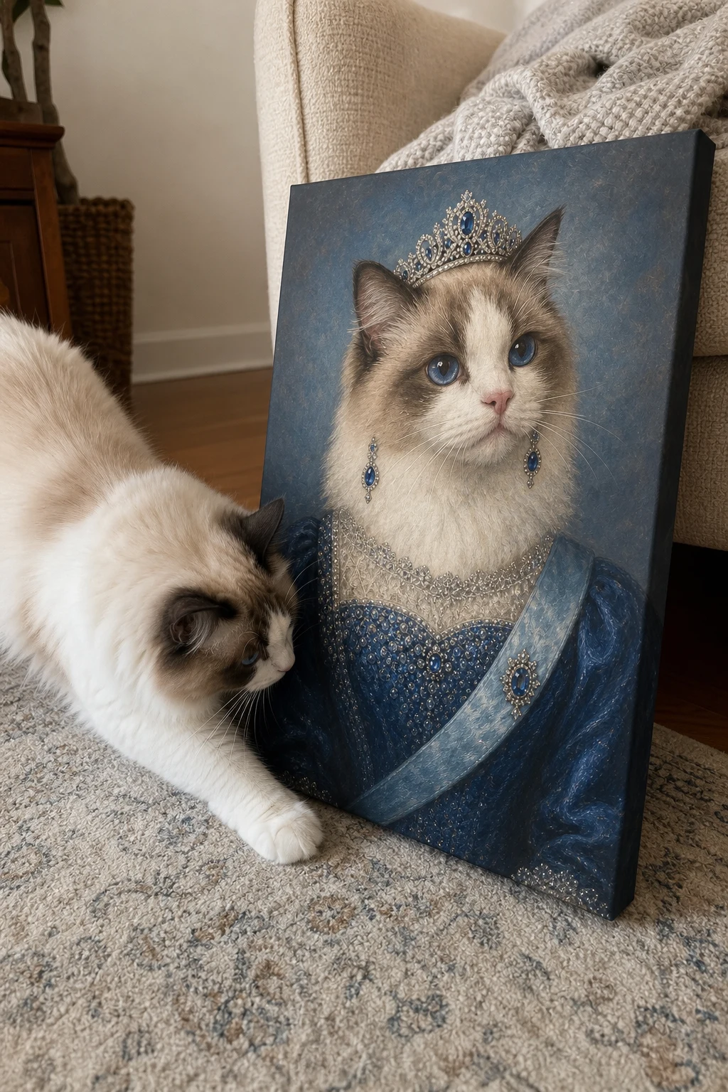 A real Ragdoll cat curiously sniffs a frameless canvas print on the floor, which features a fine-art painting of the same cat as a queen.