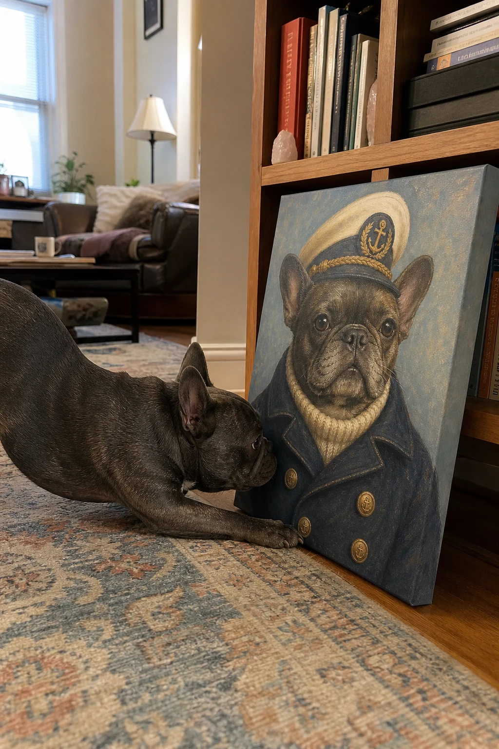 A real French Bulldog sniffs a canvas print leaning on a shelf, featuring an oil painting of the same dog dressed as a sea captain.
