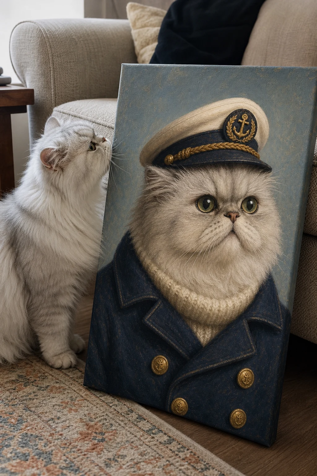 A fluffy Persian cat sniffs a leaning canvas print in a living room, which features an oil painting of the same cat as a sea captain.