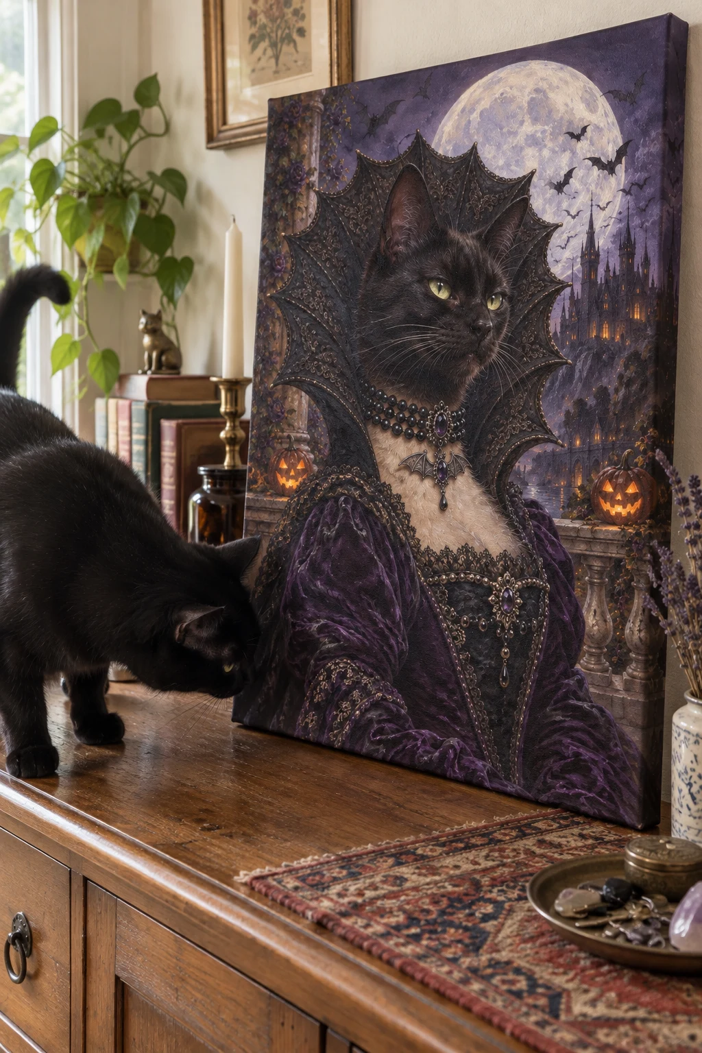 A black cat investigates a canvas on a sideboard showing its own portrait as a moonlit Halloween baroness.