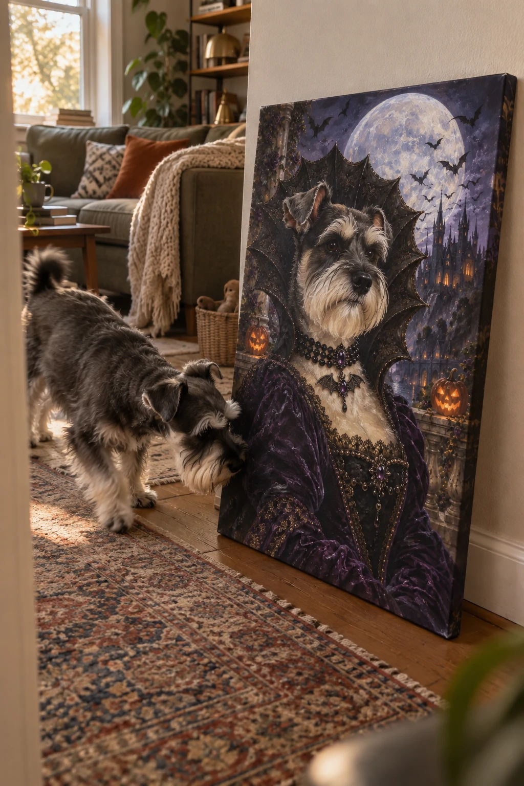 A schnauzer sniffs a canvas leaning against the wall, showing the same dog painted as a moonlit Halloween baroness.