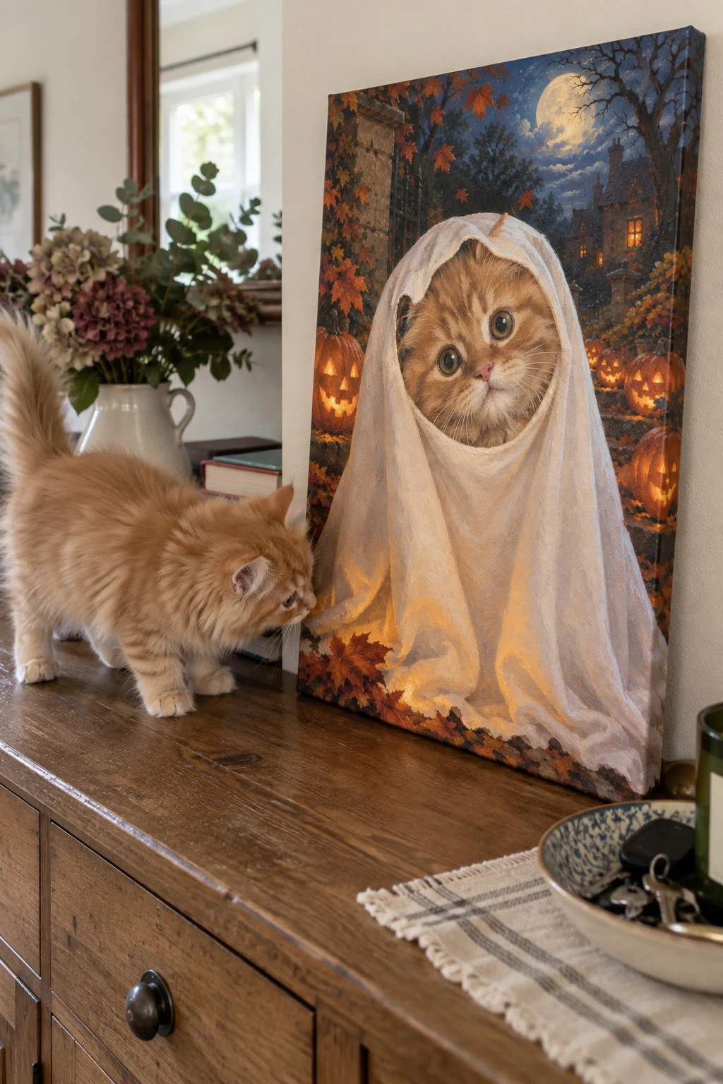 A fluffy ginger kitten sniffs a canvas on a sideboard showing its own wide-eyed portrait dressed as a Halloween ghost.