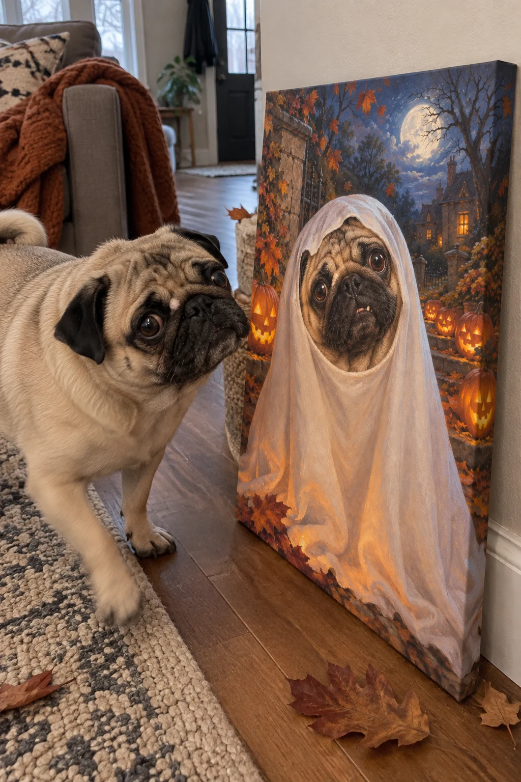 A real pug sniffs a canvas leaning against the wall, printed with an Old Masters-style portrait of the same pug as a ghost.