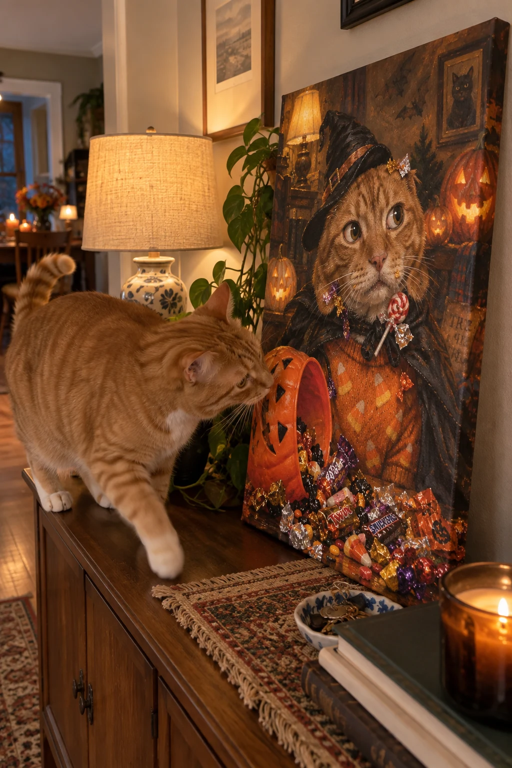 A ginger tabby sniffs a canvas on a sideboard showing the same cat in a guilty, candy-strewn Halloween portrait.