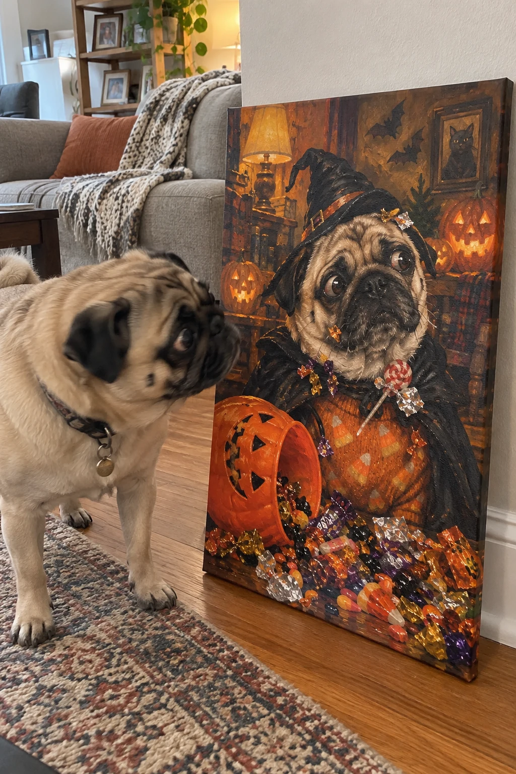 A real pug sniffs a canvas leaning against the wall, showing the same pug in a guilty-looking Halloween portrait.
