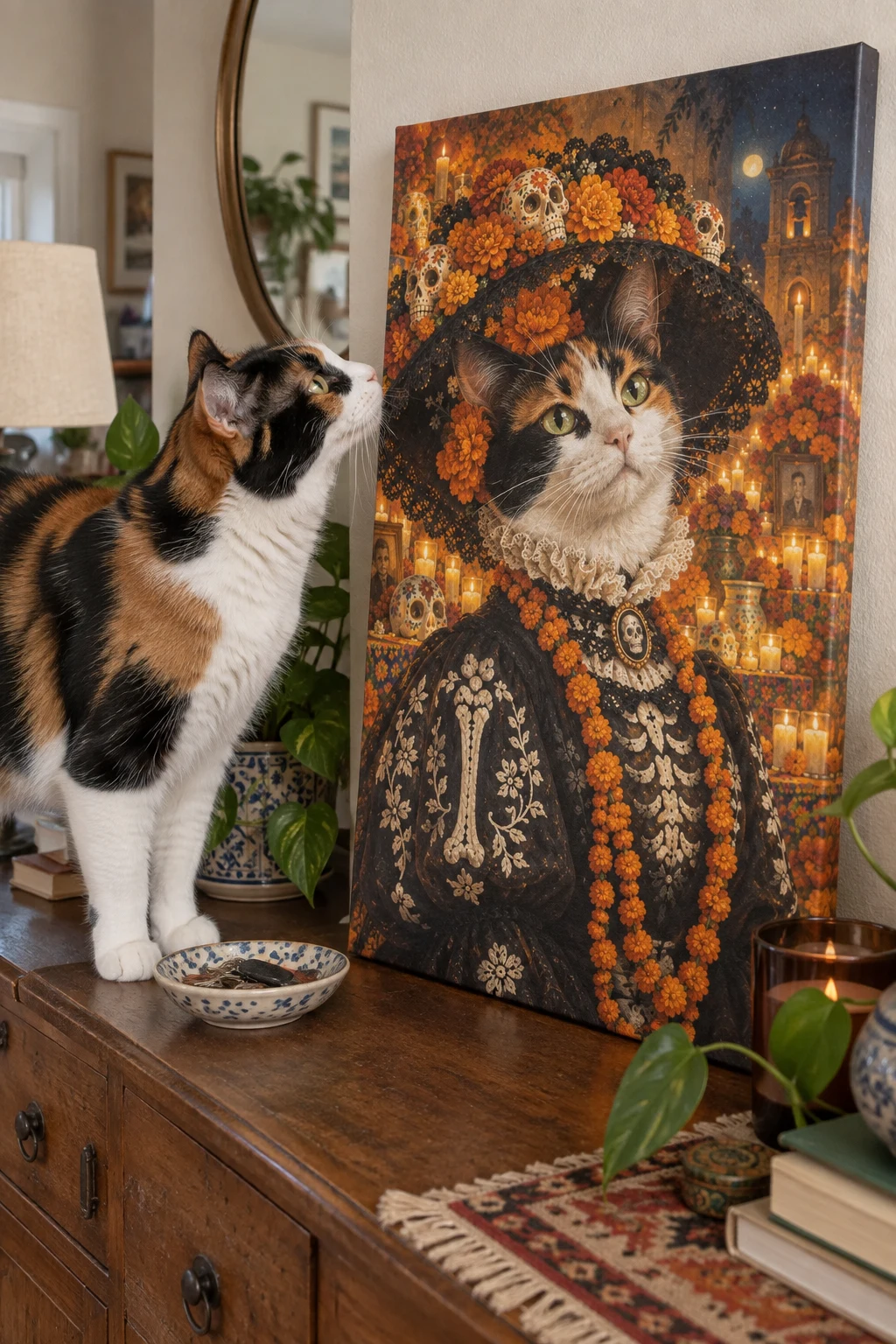 A calico cat sniffs a canvas leaning on a sideboard, showing a festive Catrina portrait painted to match the cat.