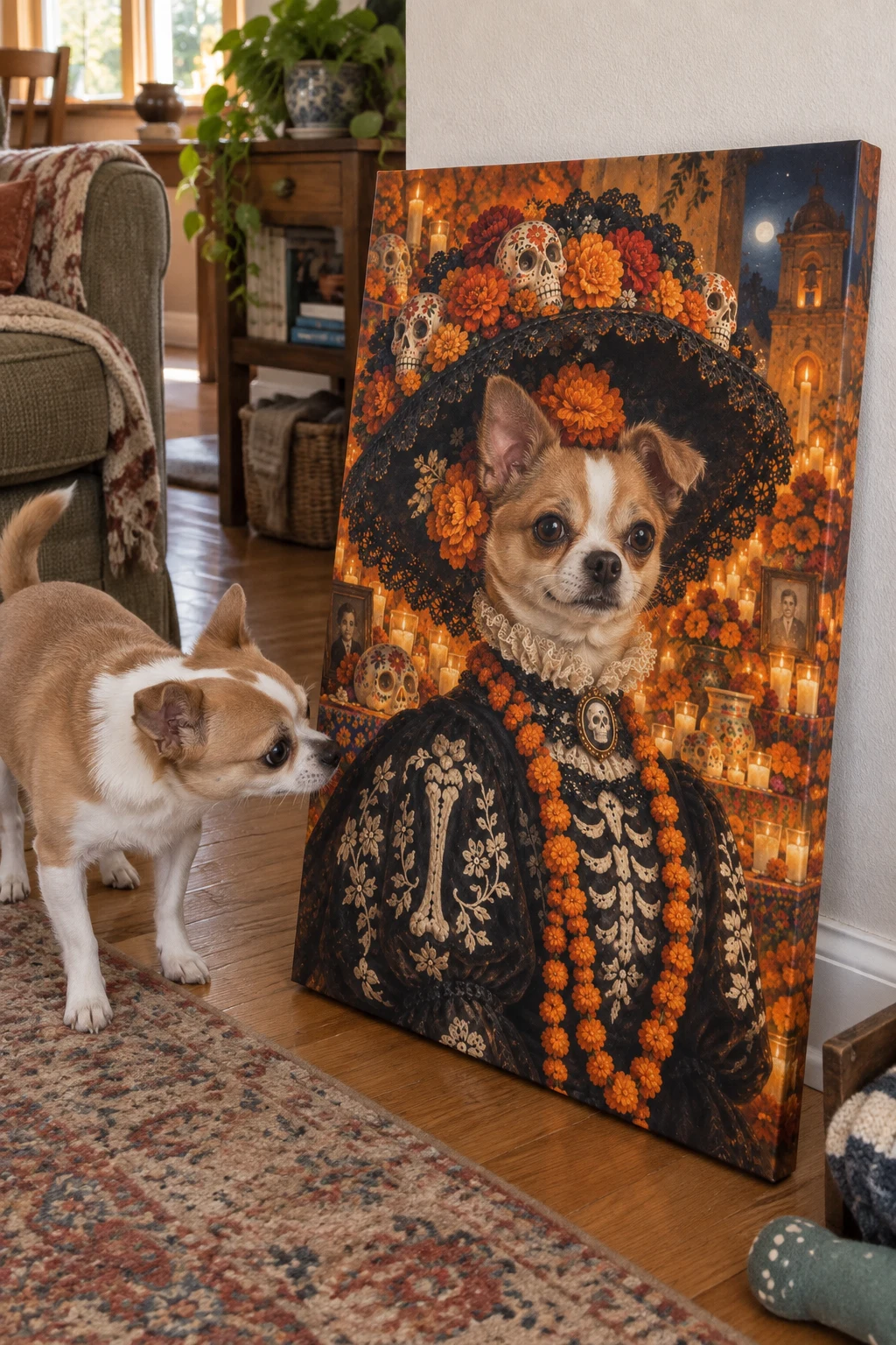 A Chihuahua sniffs a canvas leaning on the living-room floor, printed with a Catrina oil portrait of the same dog.