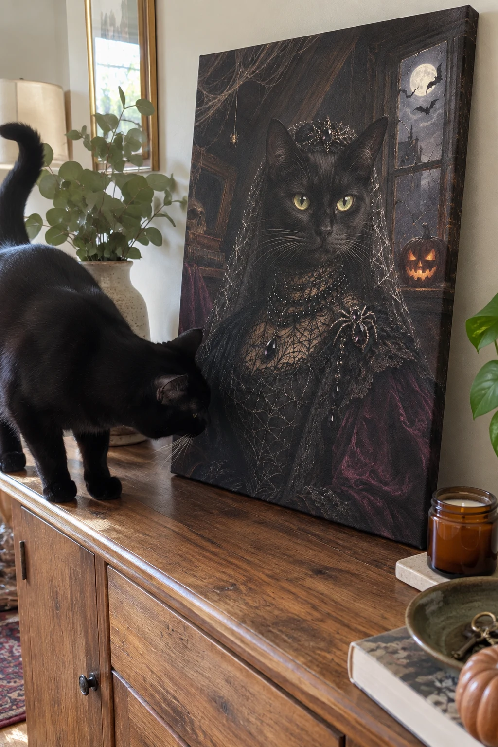 A black cat sniffs a canvas portrait of itself leaning on a sideboard in a lived-in home.