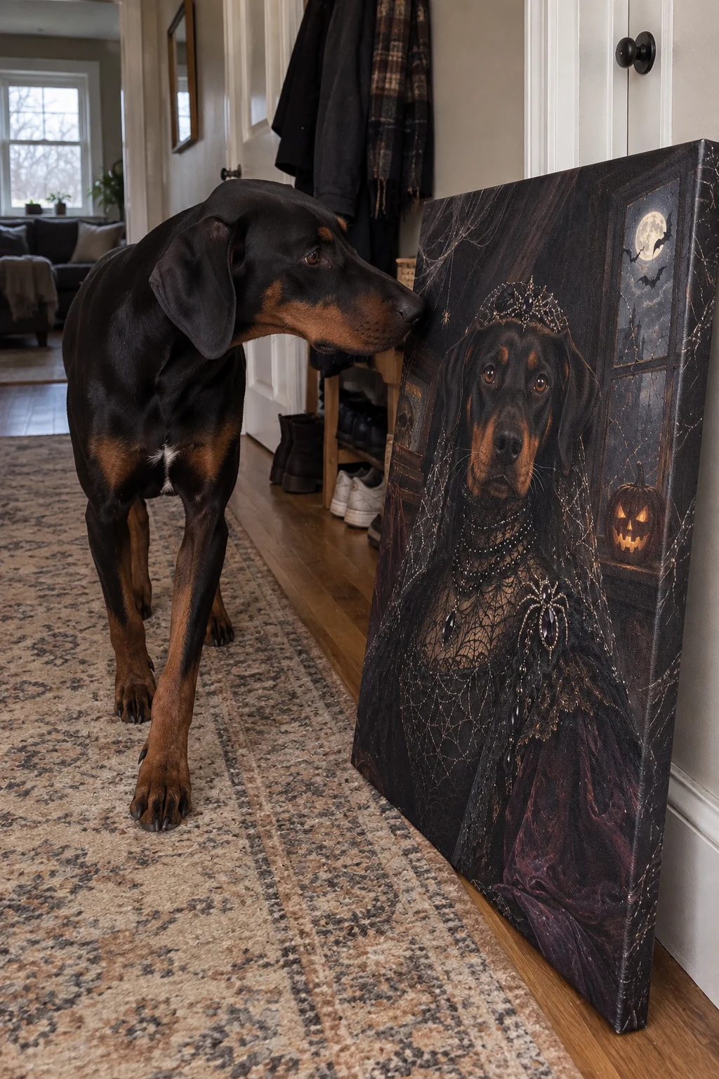 A real Dobermann sniffs a canvas leaning in a hallway, showing the same dog painted as a gothic widow.