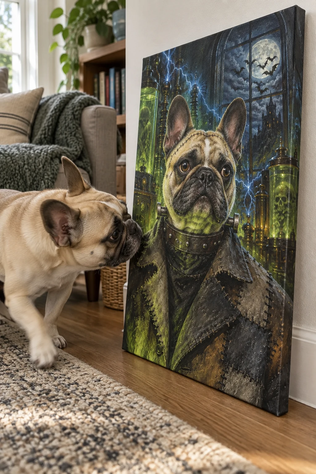 A French bulldog sniffs a canvas leaning in a living room, showing its own painted portrait as a bewildered Halloween creature.