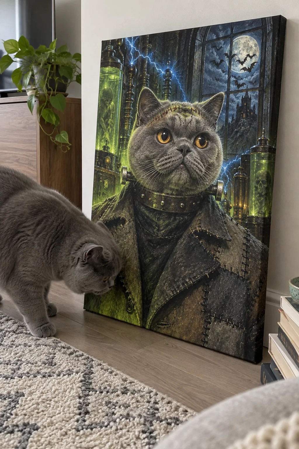 A grey British Shorthair sniffs a canvas leaning against a living-room wall, featuring its own monster-inspired portrait.