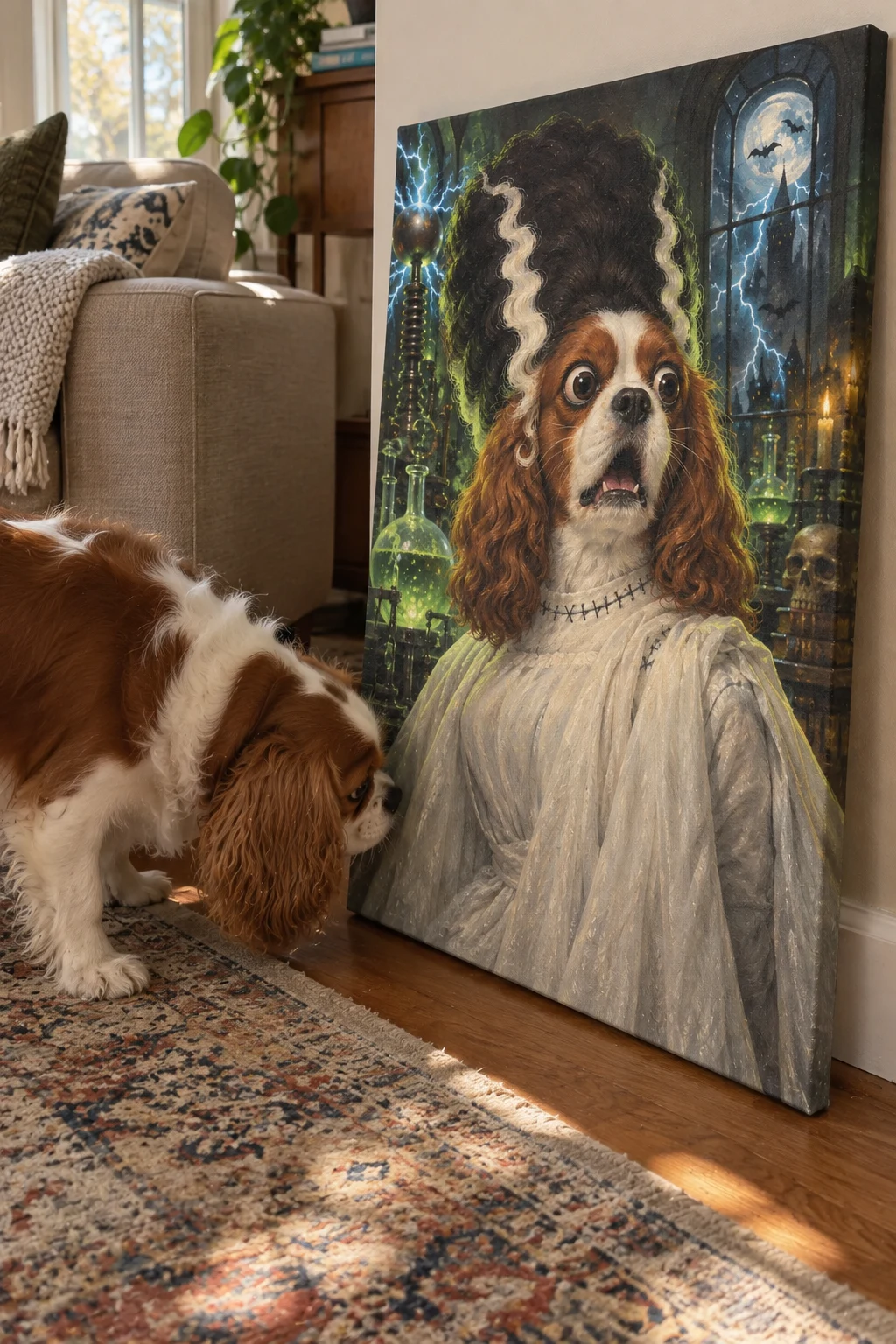 A real Cavalier spaniel sniffs a canvas leaning on the floor, painted with its startled Halloween-bride portrait.