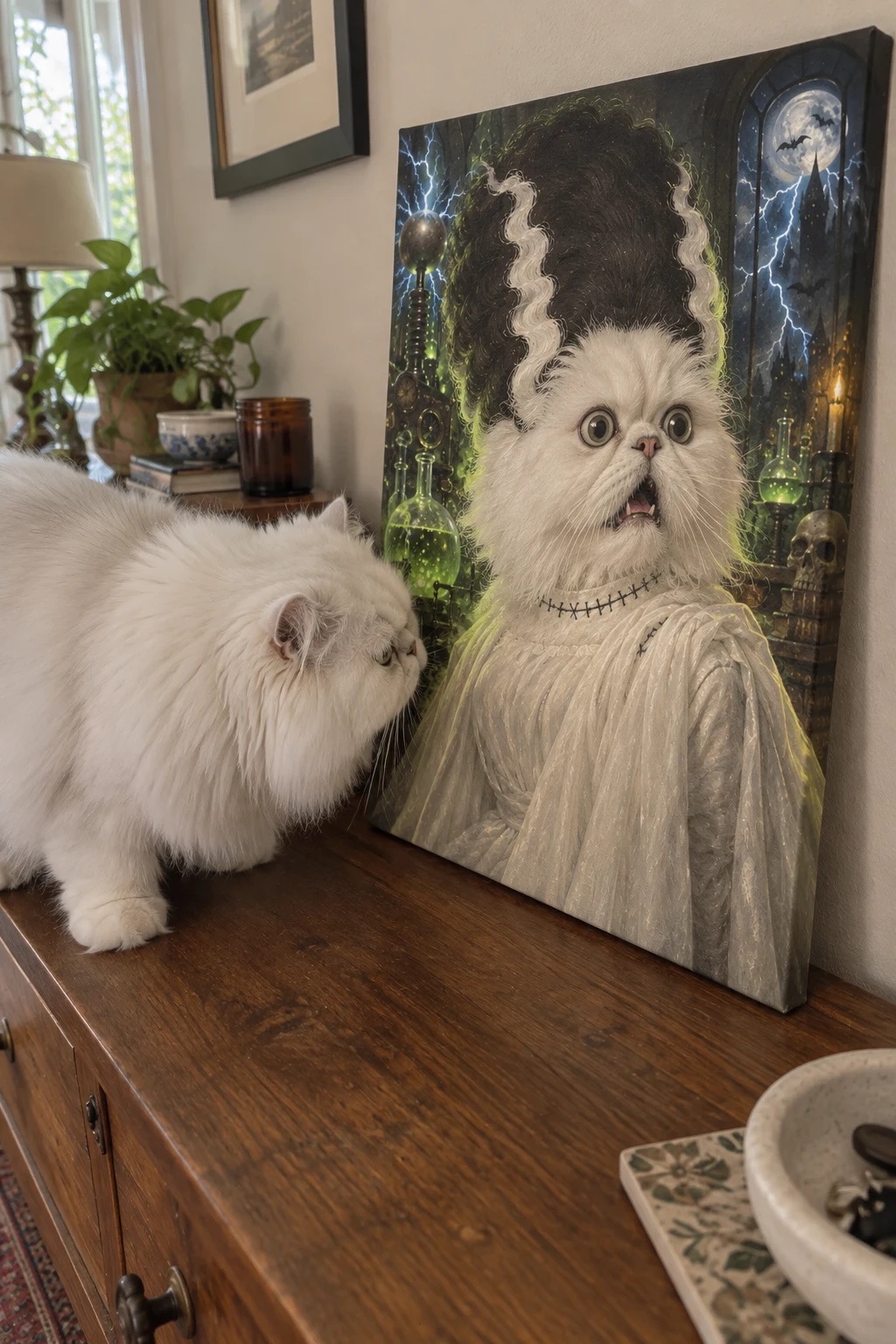 A white Persian cat sniffs a canvas portrait of itself as a wide-eyed monster bride on a home sideboard.