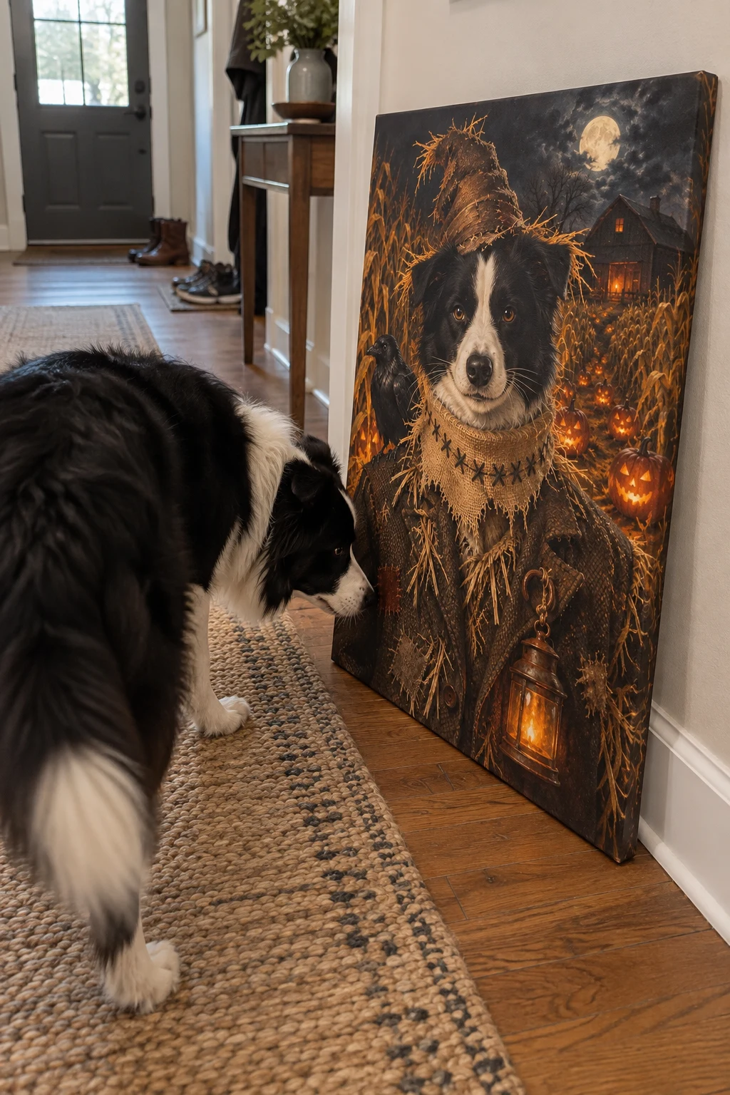 A border collie sniffs a canvas leaning in a hallway, showing its painted likeness as a grinning Halloween scarecrow.