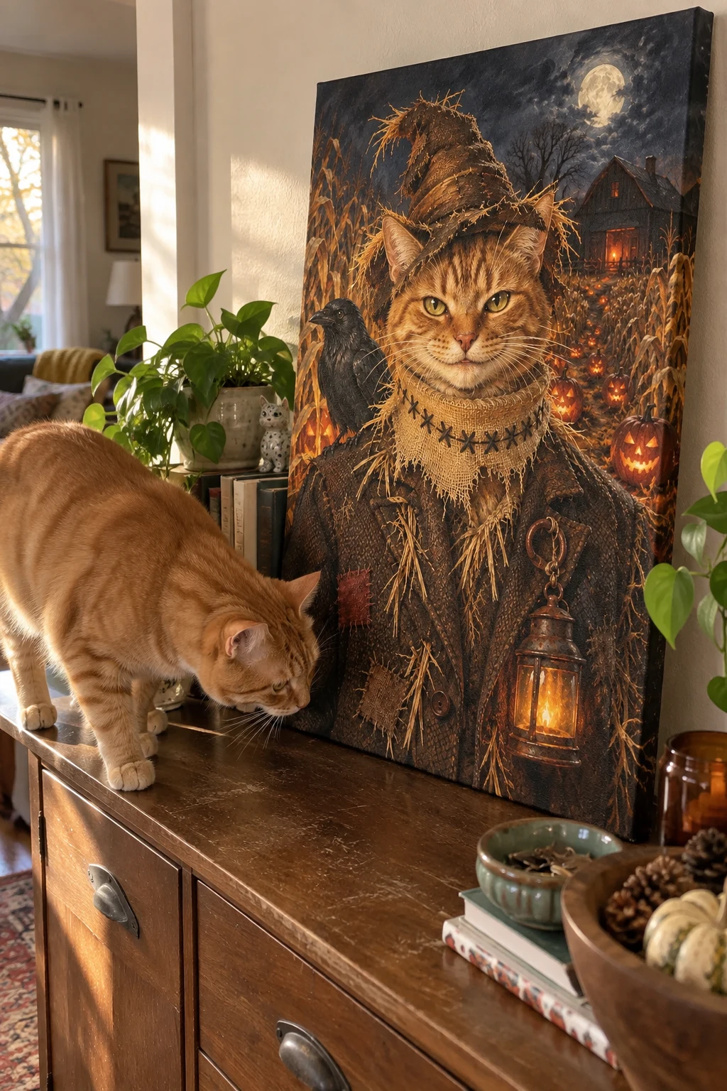 A ginger tabby sniffs a canvas on a sideboard showing its own grinning Halloween scarecrow portrait.