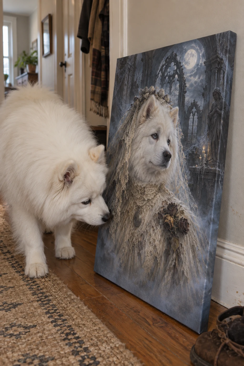 A Samoyed noses a floor-leaning canvas portraying the same dog as a ghost bride in a moonlit chapel.