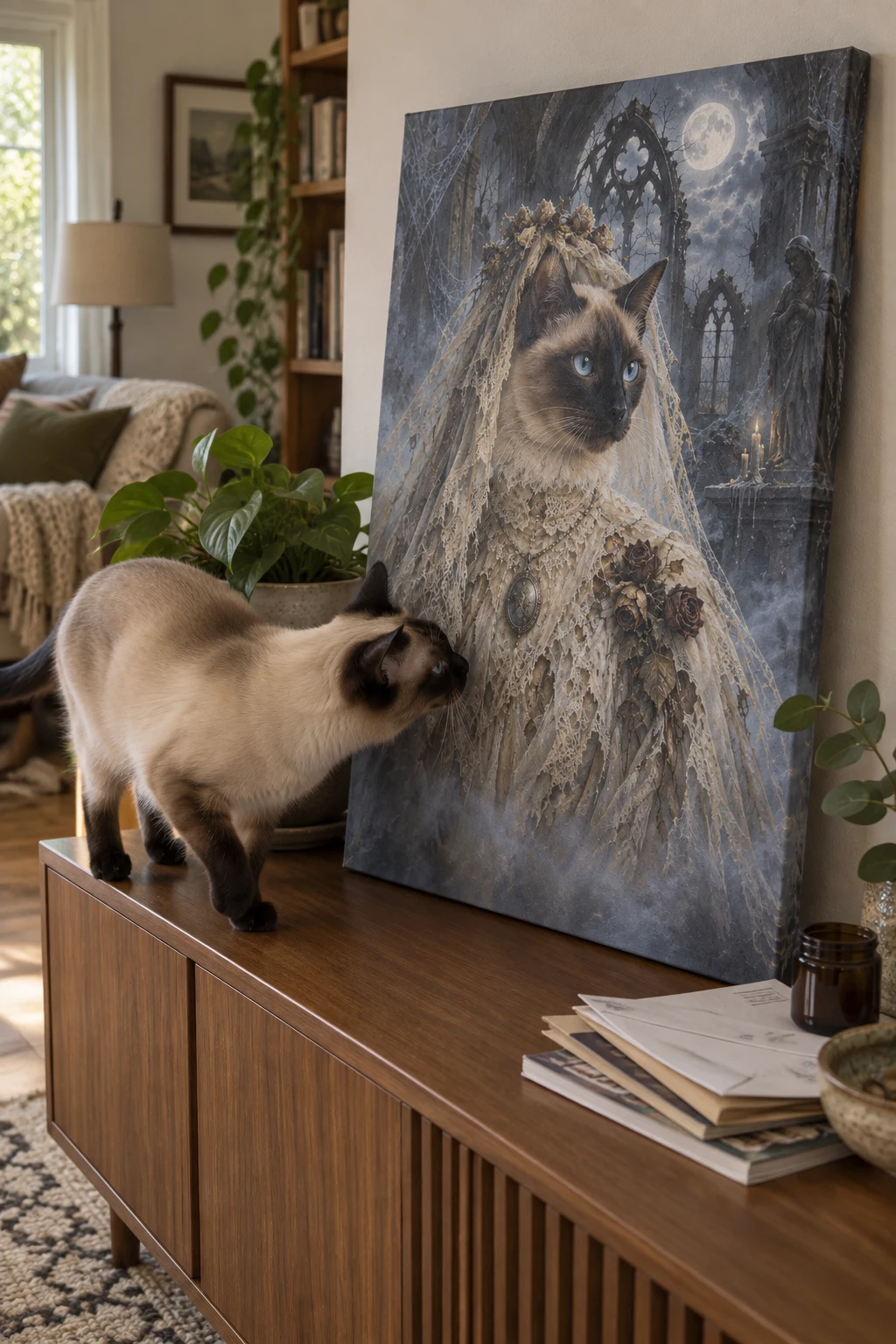 A Siamese cat sniffs a canvas portrait of itself as a ghost bride on a living-room sideboard.