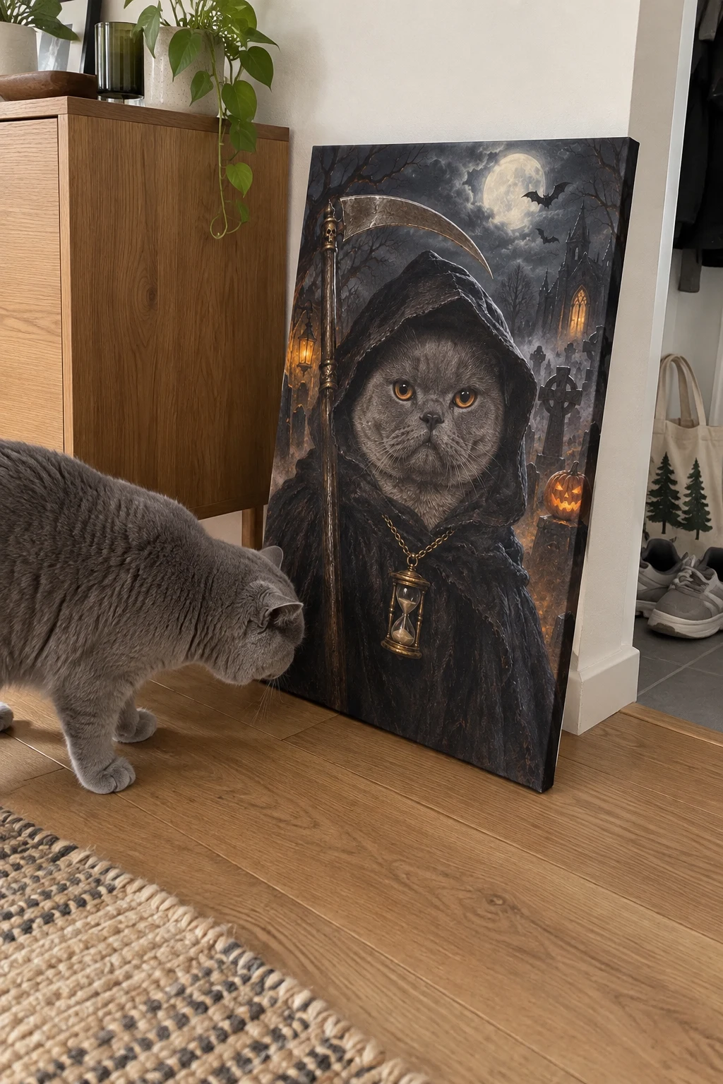 A grey British Shorthair sniffs a canvas leaning by a sideboard, showing its deadpan Grim Reaper portrait.