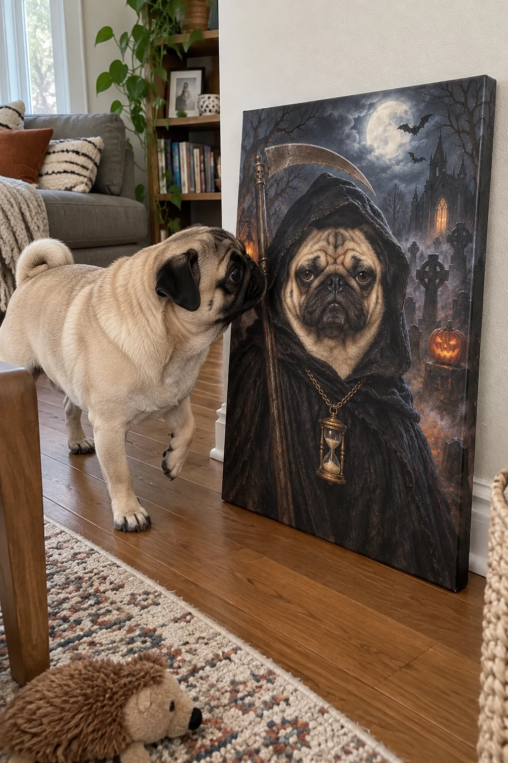 A real pug sniffs a canvas leaning against the wall, painted with a deadpan portrait of the same pug as the Grim Reaper.