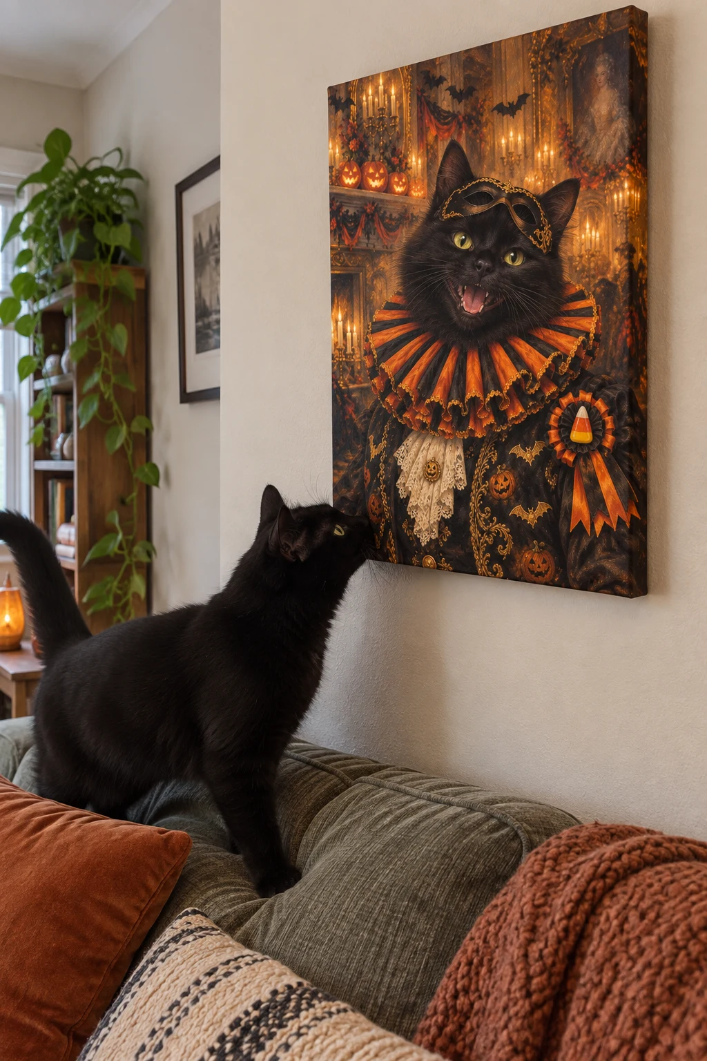 A black cat stretches from a sofa to sniff its gallery-wrapped Halloween masquerade portrait on the wall.