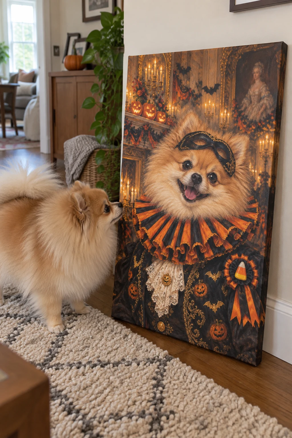 A real Pomeranian sniffs a floor-leaning canvas painted with its grinning Halloween masquerade portrait.