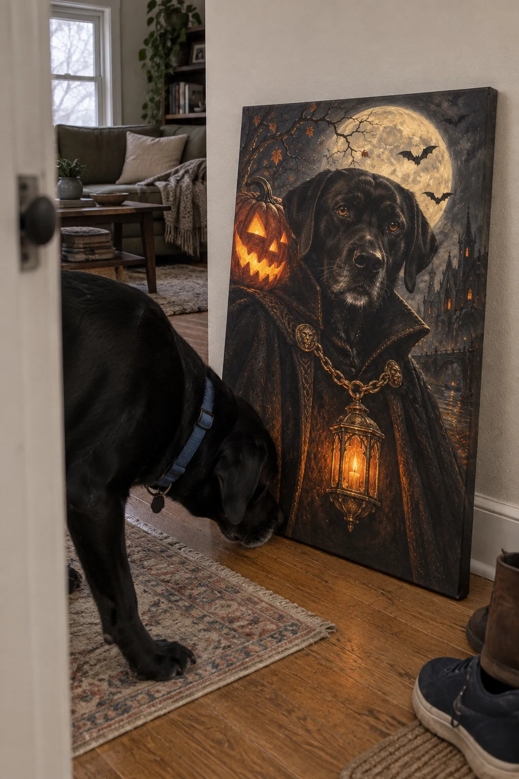 A black Lab sniffs a canvas leaning against a living-room wall, showing its own mischievous Halloween portrait.