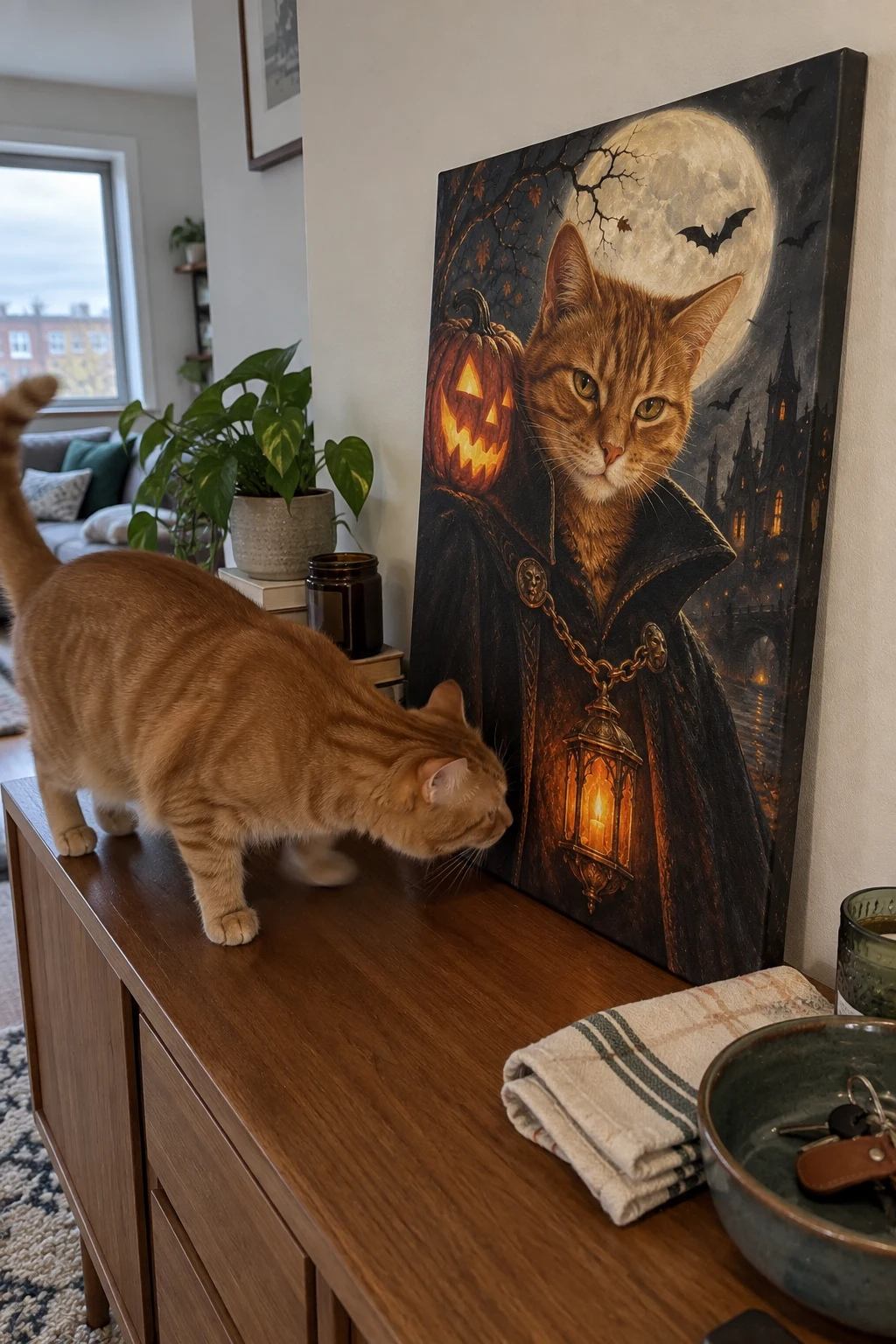A ginger tabby sniffs a Halloween portrait of itself on a canvas leaning on a sideboard.