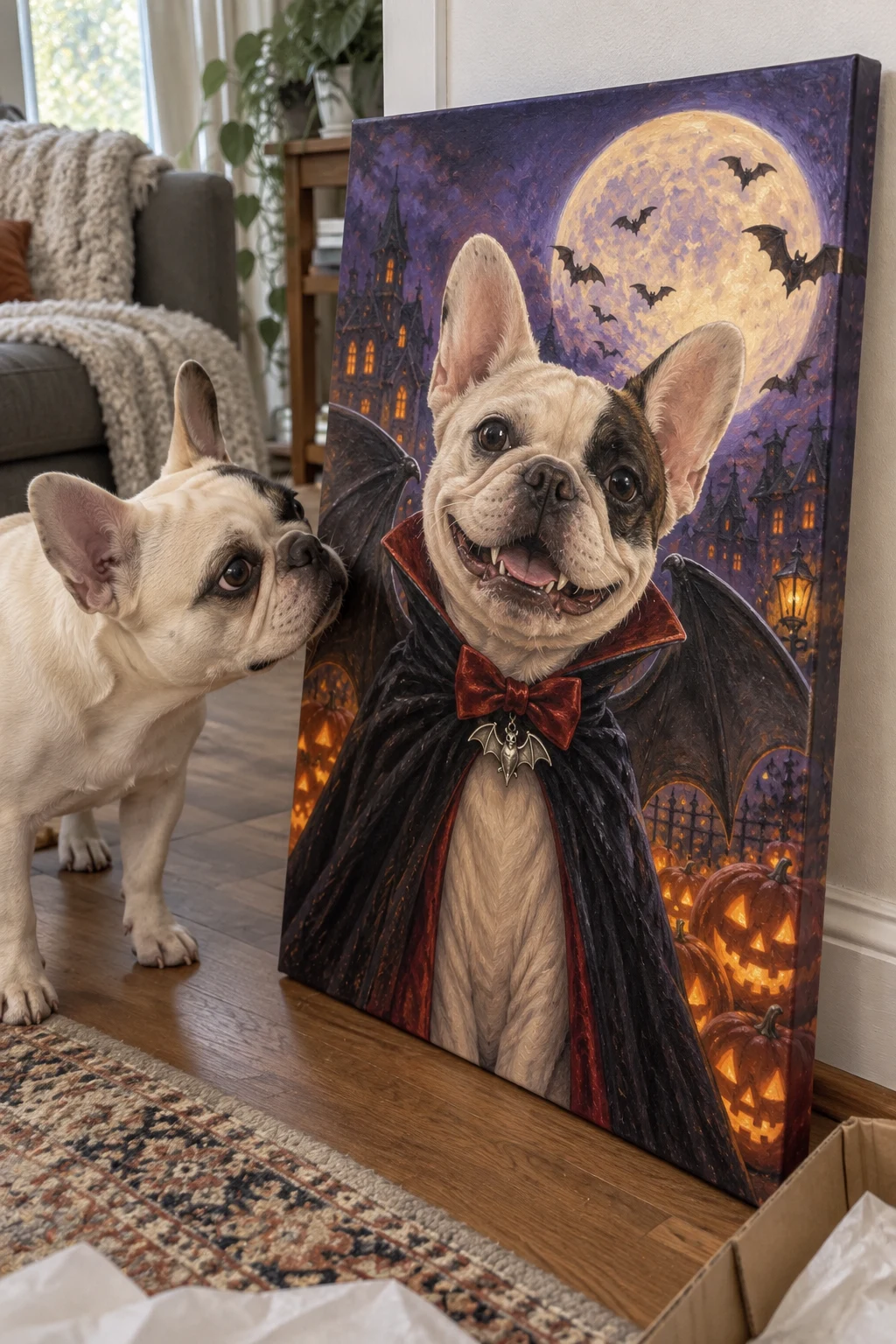 A French bulldog sniffs a canvas leaning against the wall, showing its matching portrait dressed as a tiny vampire bat.