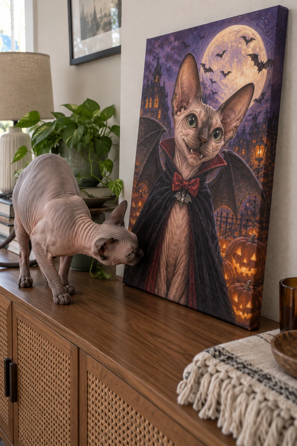 A Sphynx cat sniffs a canvas portrait of itself as a grinning vampire bat on a sideboard.