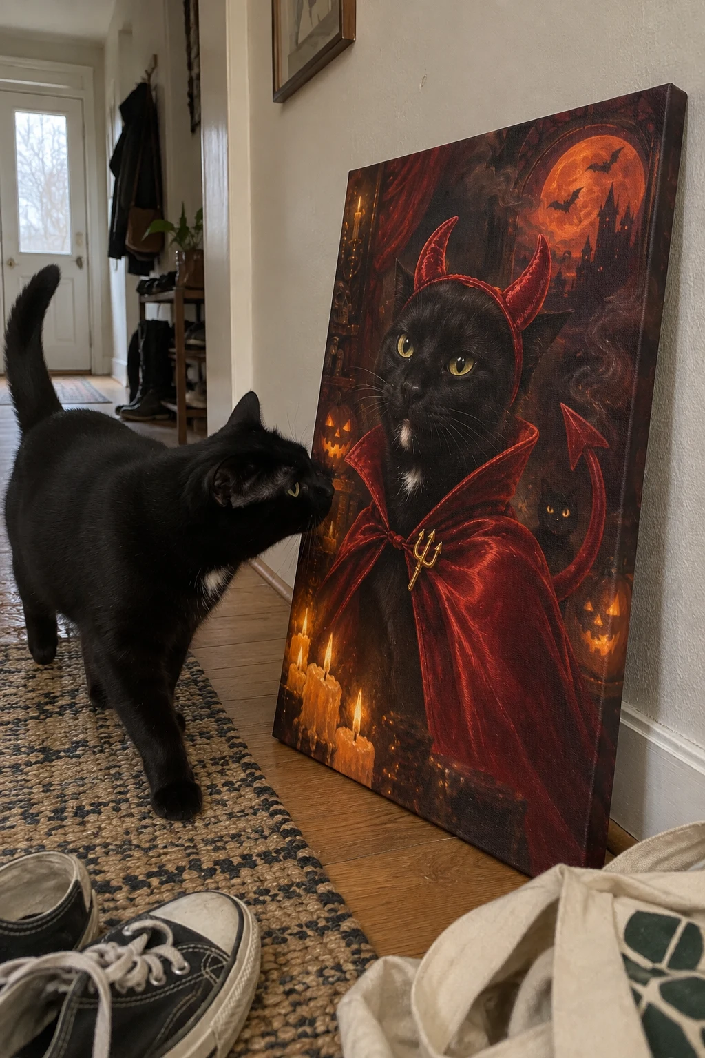 A black cat sniffs a canvas leaning in a hallway, showing a playful devil portrait of the same cat.