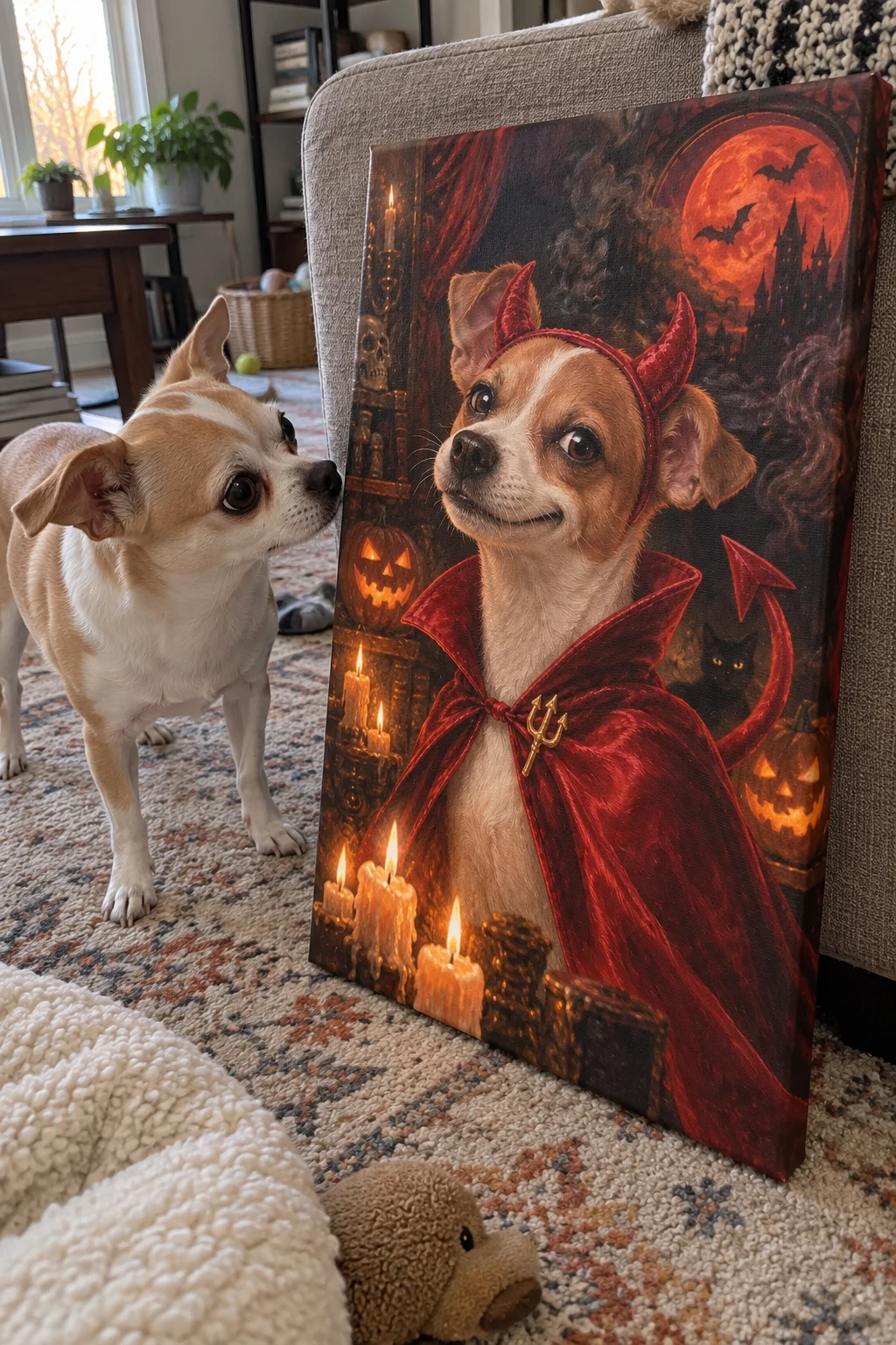 A Chihuahua sniffs a canvas leaning by the sofa, showing the same dog painted as a grinning little devil.