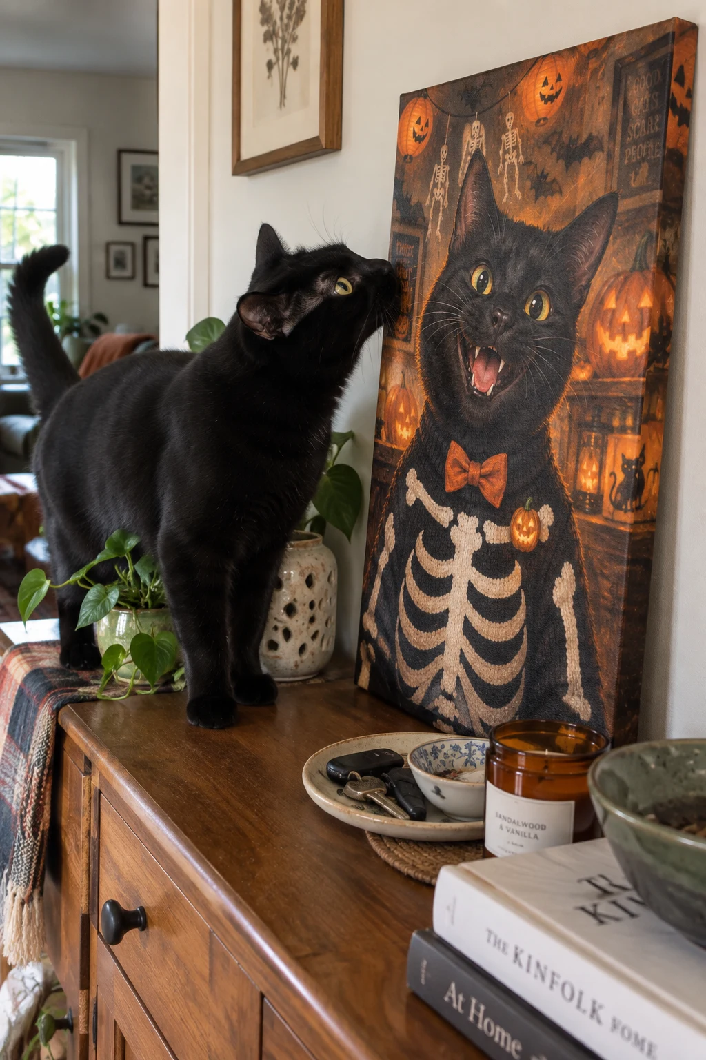 A black cat sniffs a sideboard canvas showing its own grinning Halloween skeleton-costume portrait.