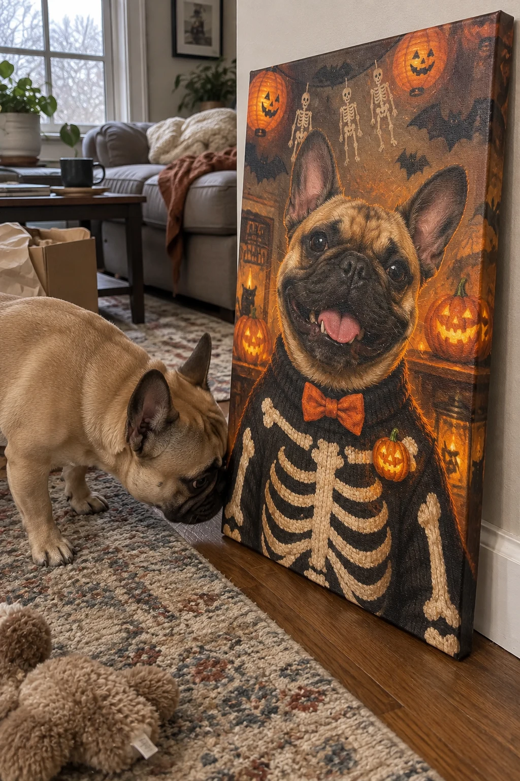 A French bulldog sniffs a floor-leaning canvas portrait of itself grinning in a Halloween skeleton costume.