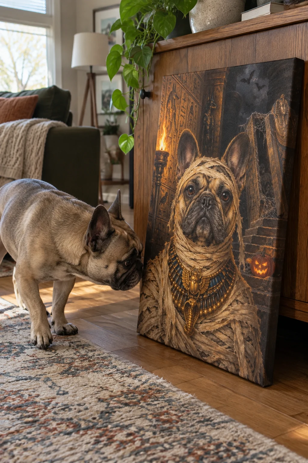 A French bulldog pauses to sniff a canvas leaning by a sideboard, showing a mummy portrait of the same dog.