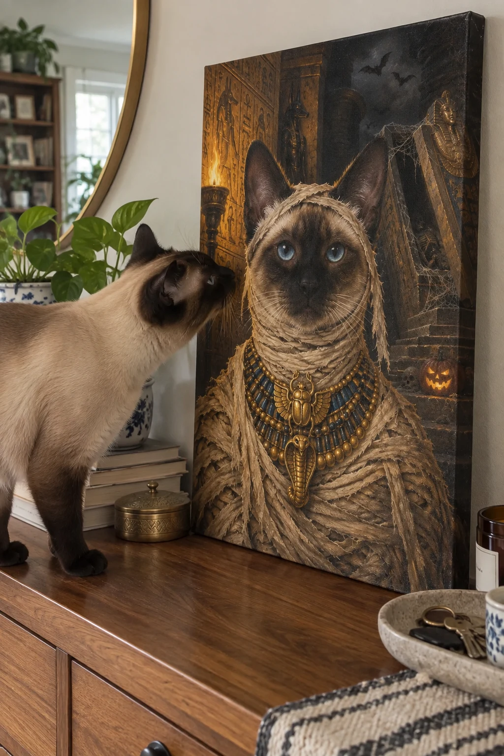 A real Siamese cat sniffs a canvas portrait of itself as a mummy, propped on a sideboard at home.