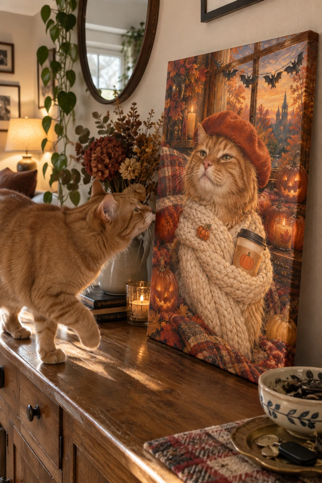 A ginger tabby sniffs a canvas portrait of itself in autumn attire, leaning on a sideboard at home.