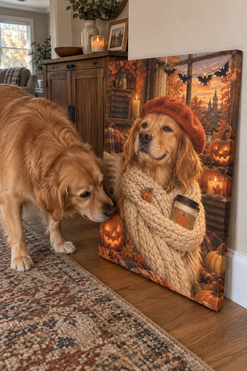 A golden retriever sniffs a canvas leaning against the wall, printed with a cosy autumn painting of the same dog.