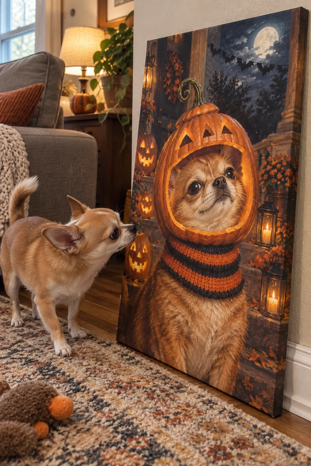 A Chihuahua sniffs a canvas leaning against a wall, featuring a painting of the same dog in a pumpkin helmet.