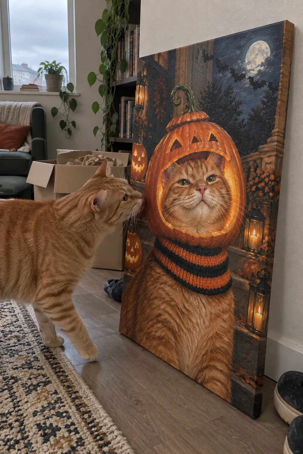 A ginger tabby noses a canvas leaning against the wall, printed with its own smug pumpkin-helmet Halloween portrait.
