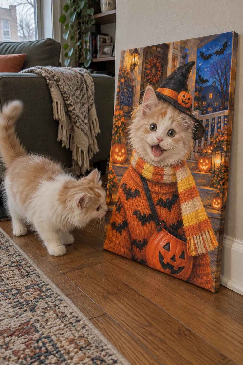A fluffy kitten sniffs a canvas leaning beside a sofa, showing its grinning Halloween portrait.