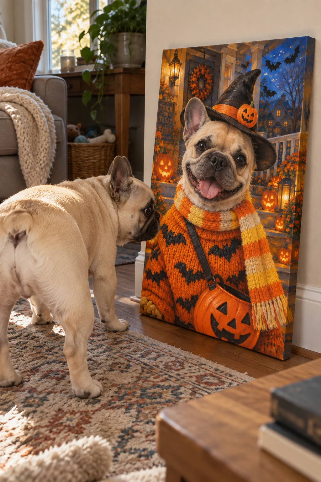 A French bulldog sniffs a canvas leaning against the living-room wall, showing its grinning Halloween portrait.