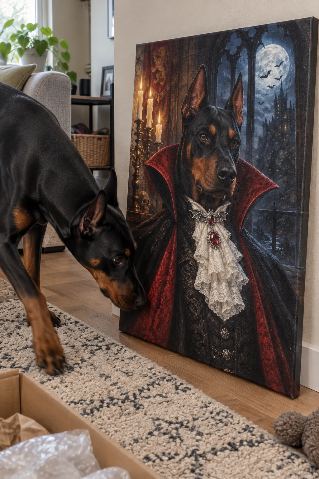 A Dobermann sniffs the corner of a canvas leaning against a living-room wall, showing its likeness painted as a vampire count.