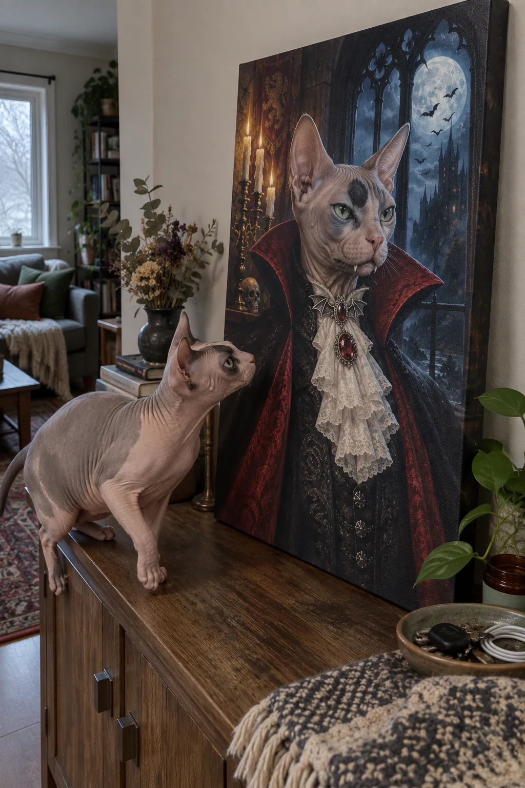 A Sphynx cat sniffs a sideboard canvas showing the same cat painted as a vampire count.