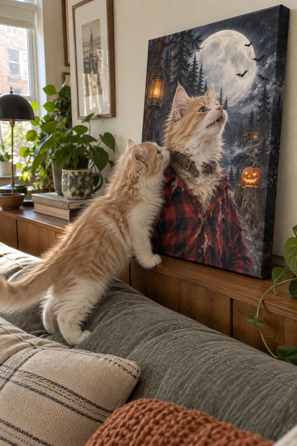 A fluffy kitten noses a canvas portrait of itself as a howling werewolf beside a lived-in sofa.