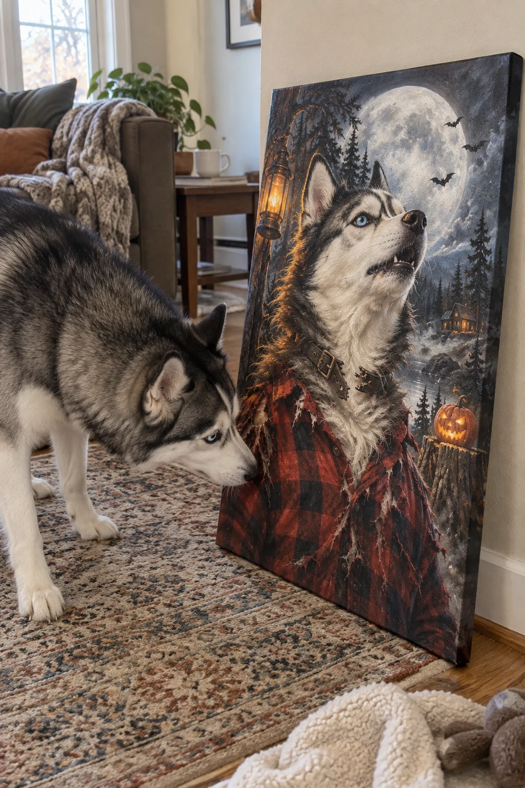 A husky sniffs a canvas leaning in a living room, showing a painted werewolf portrait of the same dog.