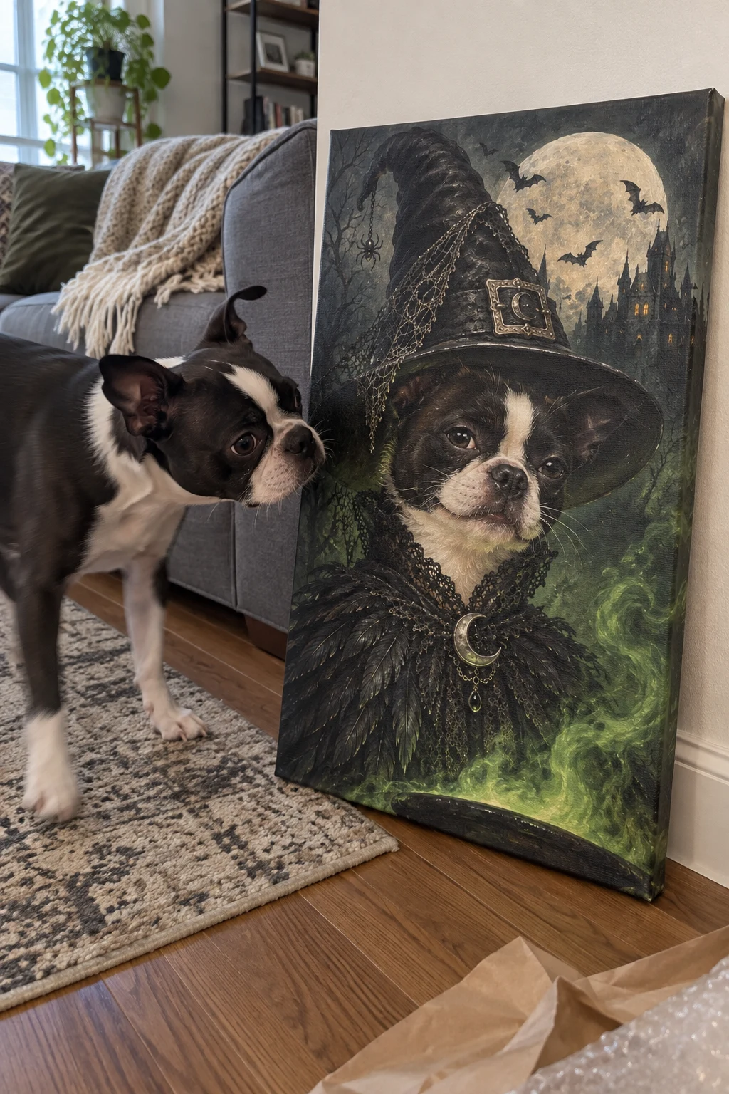 A Boston Terrier sniffs a floor-leaning canvas showing the same dog as a sly Halloween witch.