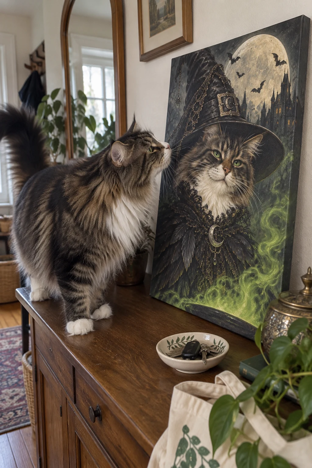 A Maine Coon sniffs the corner of a sideboard canvas showing the same cat as a sly, smiling Halloween witch.