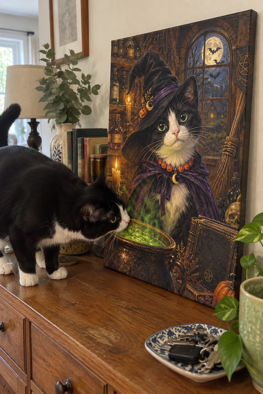 A tuxedo cat pauses to sniff a canvas portrait of itself as a witch’s familiar on a home sideboard.